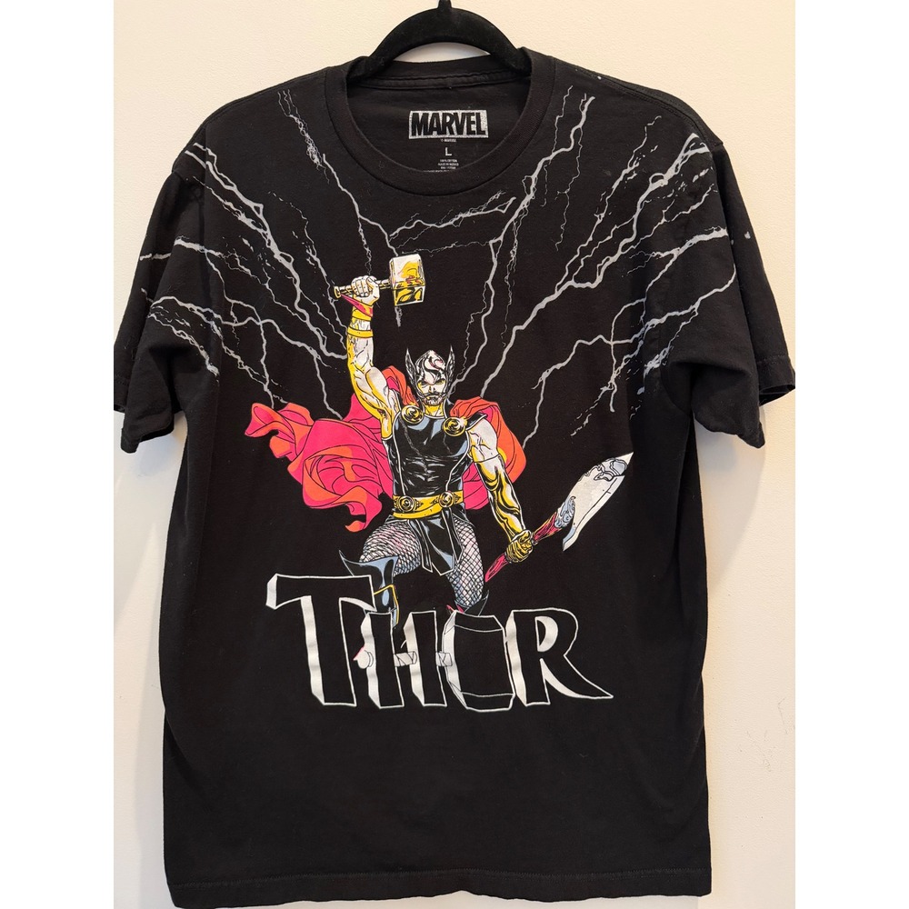 Marvel Thor Men's Large Black Graphic T-Shirt Lightning Superhero Comics